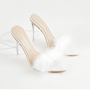 White Lace Up Feather Trim Stiletto Heels